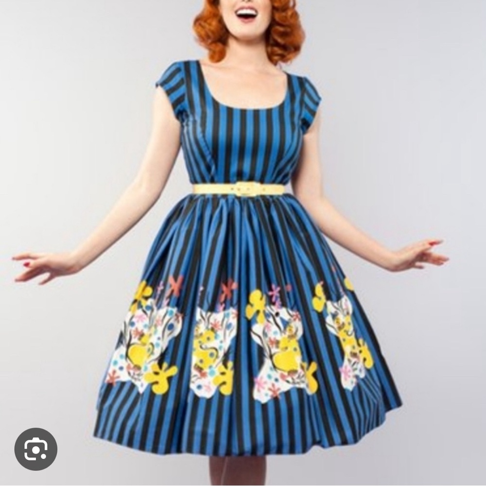 UNICORN Pinup Girl Clothing Mary Blair Blue Stripe Clown Dress Size L